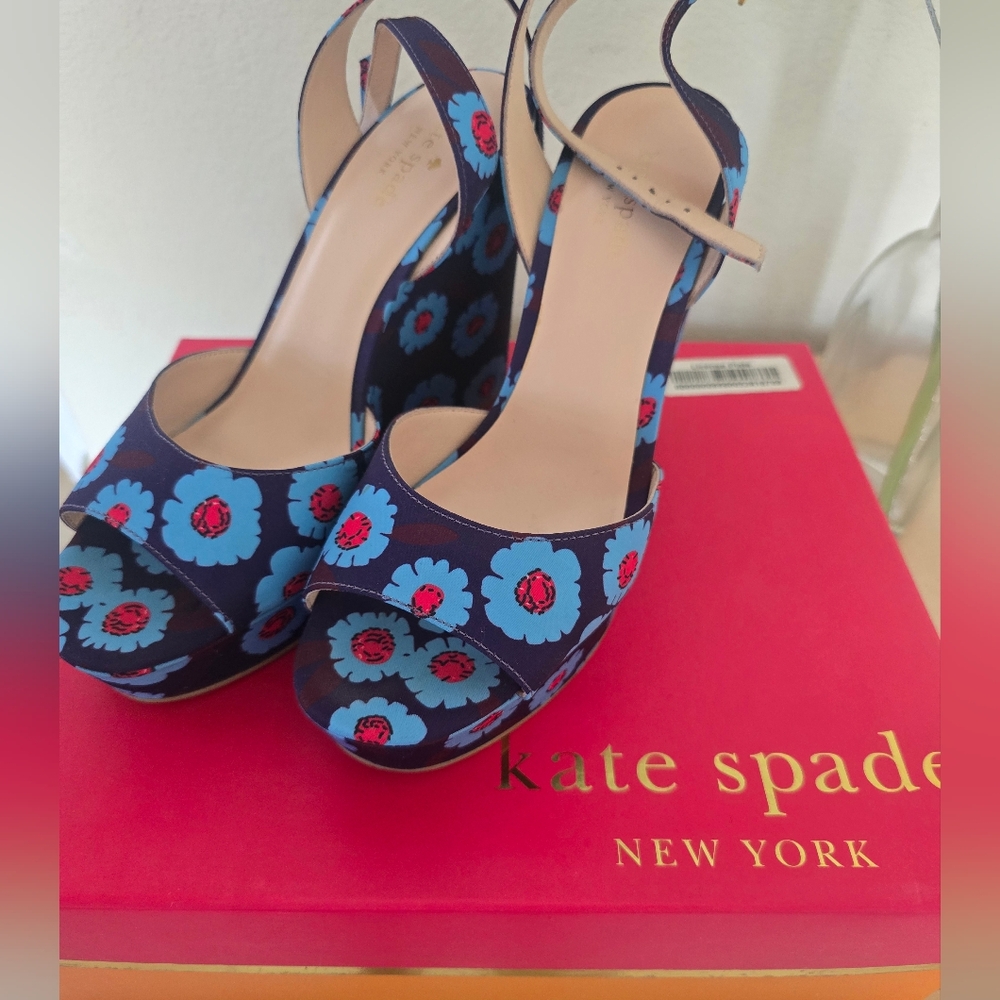 kate spade Navy Floral Platform Slingback Heels